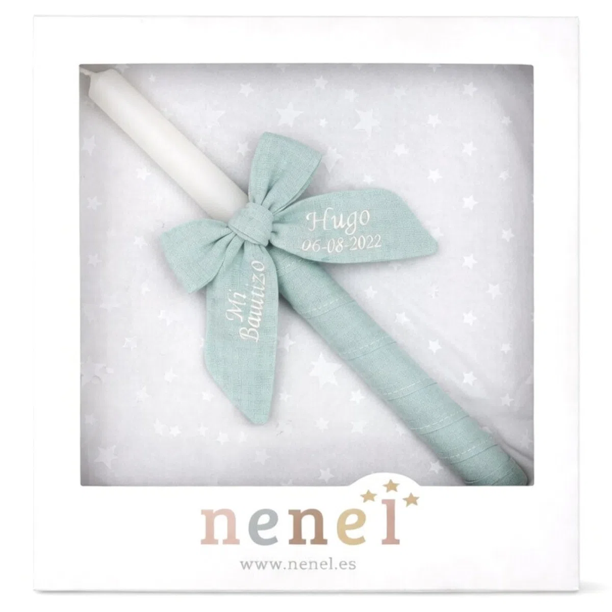 Vela para Bautizo personalizada - Vela Bautismal Personalizable con nombre y fecha – Cirio sacramental decorado - Cirio de Bautizo - Modelo Bambula – Nenel (Verde Menta)