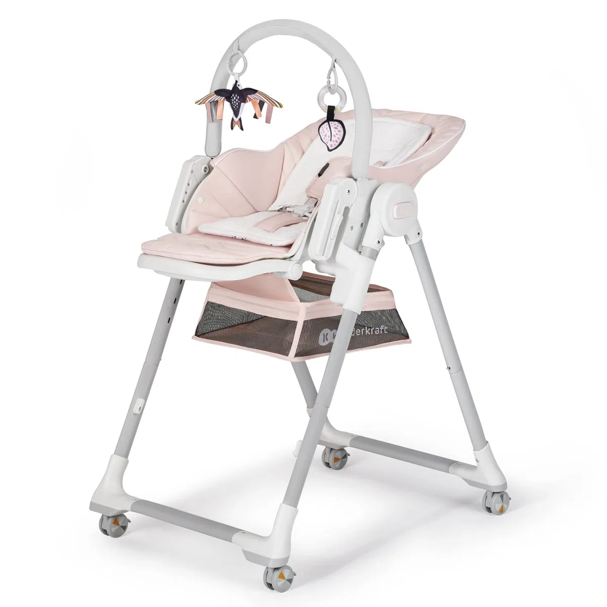 Kinderkraft LASTREE Trona Bebé de madera evolutiva plegable, Hamaca para bebés con Arco 2 juguetes, Asiento reposapiés ajustable, Posición tumbada, Rosa