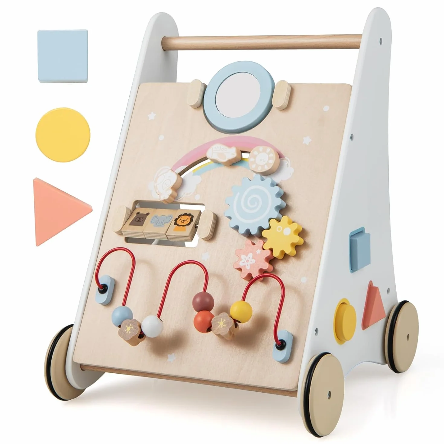 FANTASK Andador 7 en 1 de Madera, con Caja de Almacenamiento, Color Blanco, con Tablero de Juego, Espejo y Bloques de construcción, para bebés a Partir de 1 año