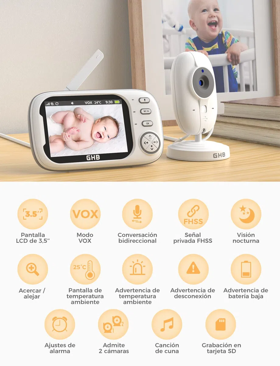 GHB Camara Vigilancia Bebe Vigilabebes con Camara con Pantalla de IPS 3.5" 720P, Batería de 2000mAh Visión Nocturna Comunicación Bidireccional VOX Escucha Bebes