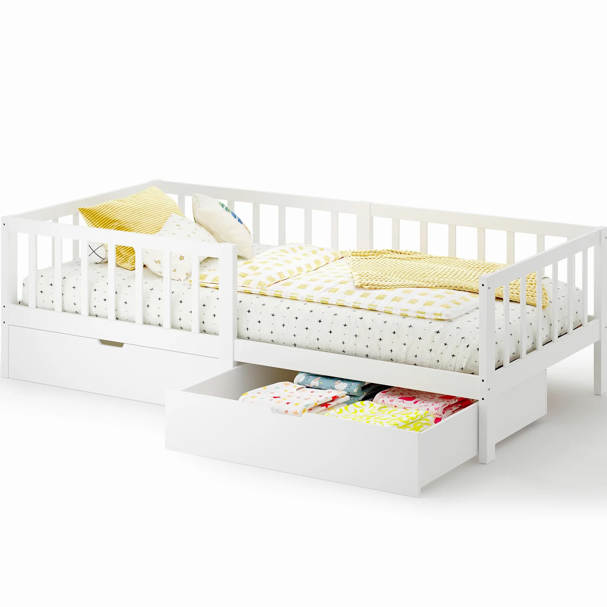 Xbro Cama Infantil 100x200 cm, con Cajones, Barandilla Anti-Caída Completa, Somier Incluido, para Niños y Niñas, Montaje Sencillo, Blanco