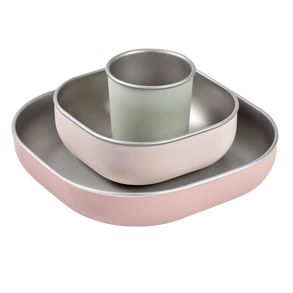 BÉABA, Set de Comida Bebé/Niño Inox, 3 Piezas, Cristal + 2 Platos, Compatible Microondas/Lavavajillas, Saludable/Resistente, Ligero, Irrompible, Antideslizante con Funda de Silicona, Algodón de Azúcar