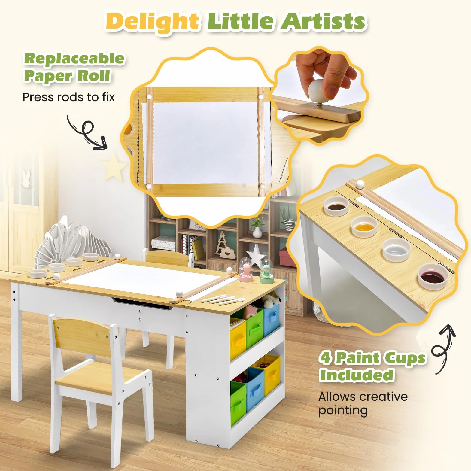 RELAX4LIFE Mesa Infantil con 2 Sillas, Mesa y Silla Infantil de Madera para Niños con Encimera Elevable, 2 Espacio Interior, 6 Cajones de Tela, 4 Tazas para Pintar y Rollo de Papel (Natural)