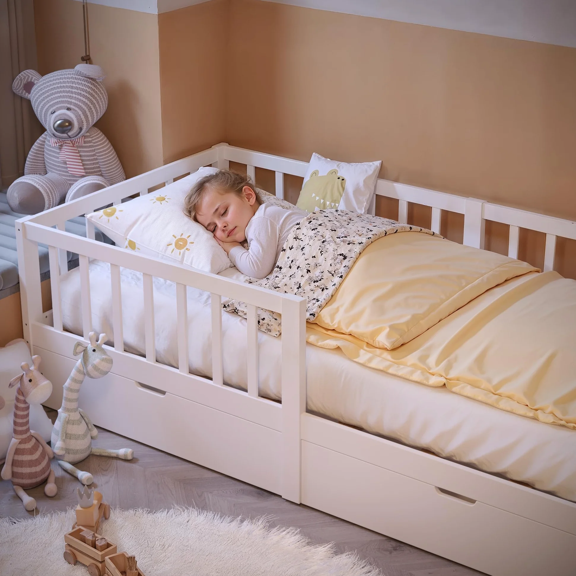 Xbro Cama Infantil 100x200 cm, con Cajones, Barandilla Anti-Caída Completa, Somier Incluido, para Niños y Niñas, Montaje Sencillo, Blanco