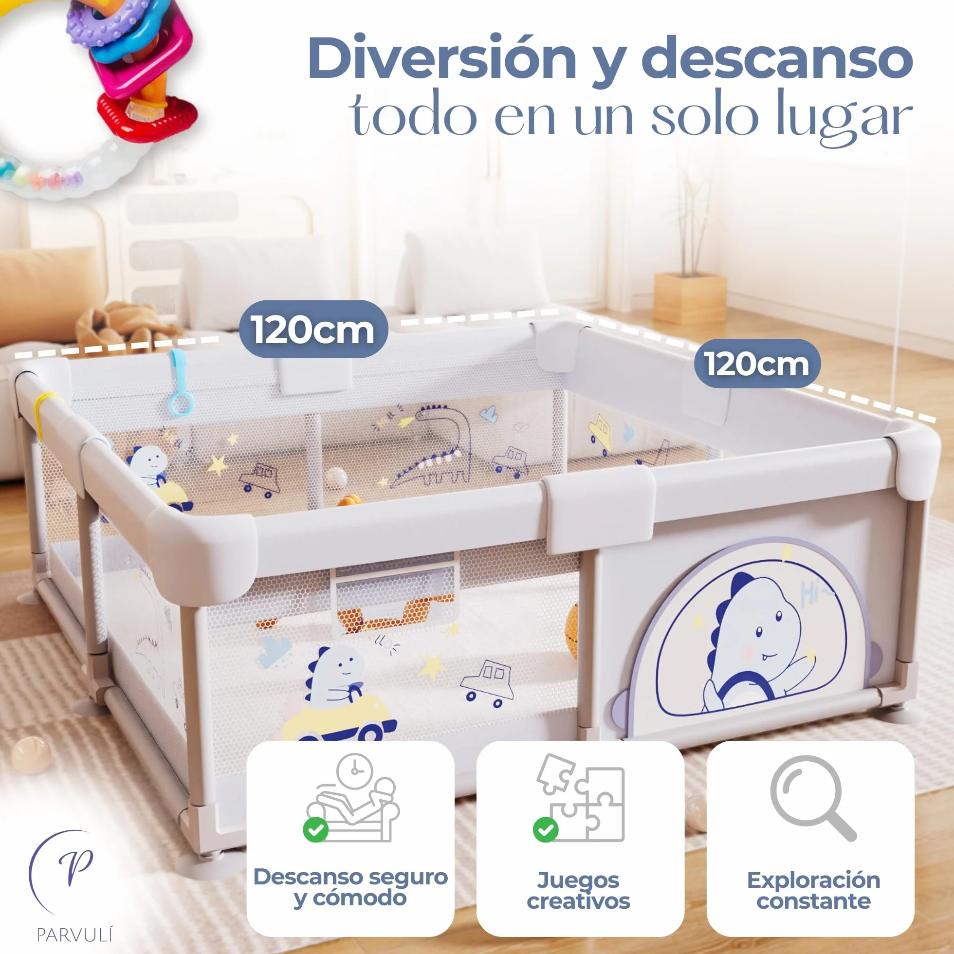 PARVULI Parque Infantil Bebe 120x120cm con Alfombra Acolchada, 6 Agarraderas, Canasta, Bolsa — Corralito Bebe Casa Malla Transpirable