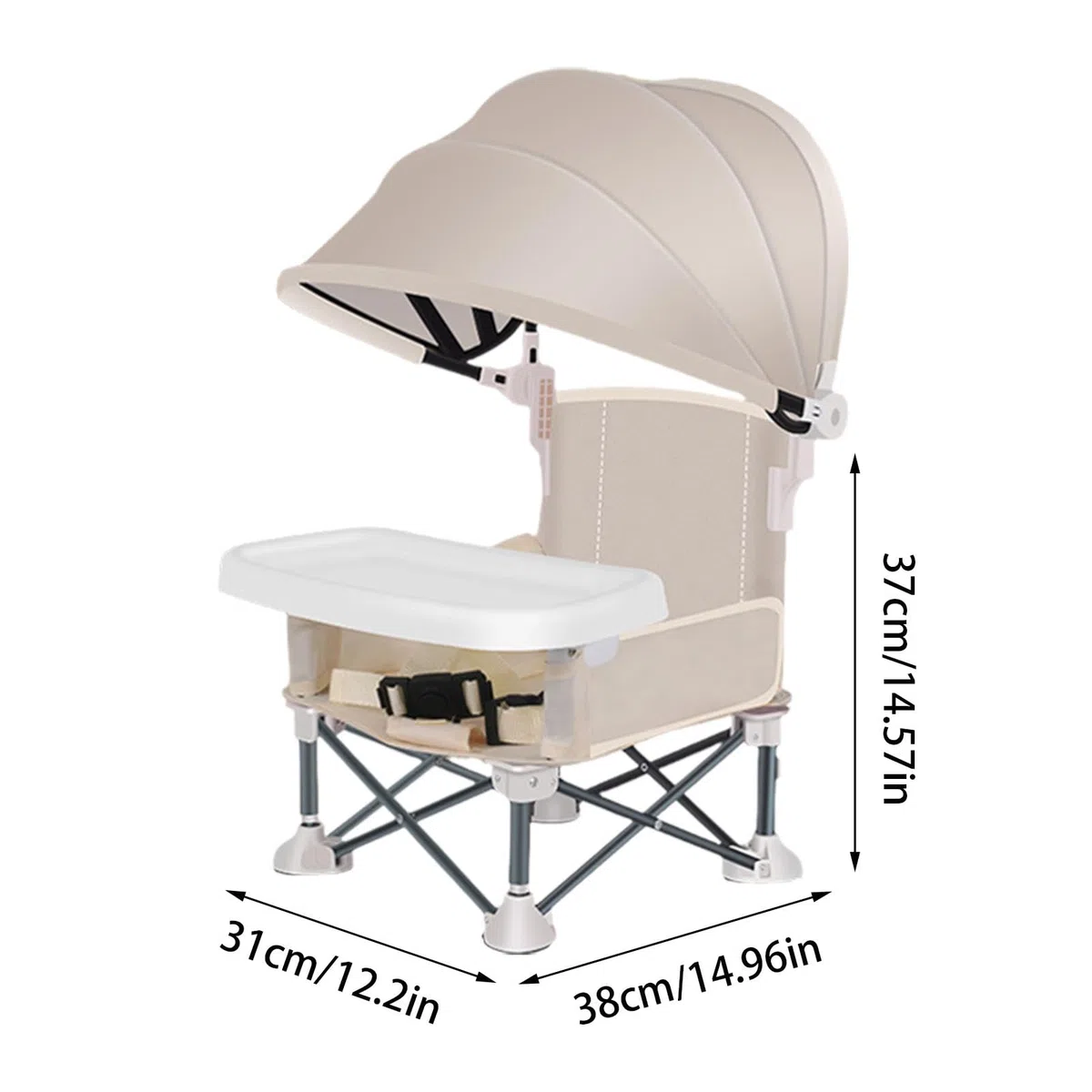 Trona Para Bebé Plegable Con Asiento Elevador, Silla Portátil de Playa Con Bandeja Extraíble y Sombrilla Para Alimentación y Viaje