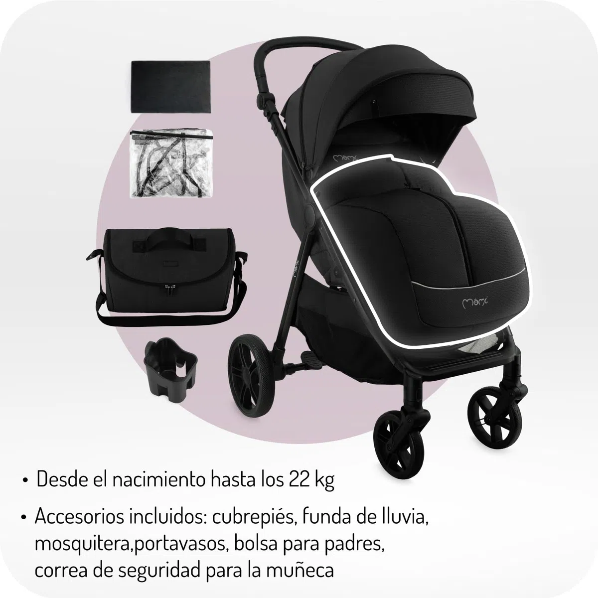 Silla de paseo MoMi CLARA a partir de 6 meses, hasta 22 kg de peso corporal, arnés de seguridad de 5 puntos, cubrepiernas, portavasos, cesta de compra, bolso, mosquitera, protector de lluvia