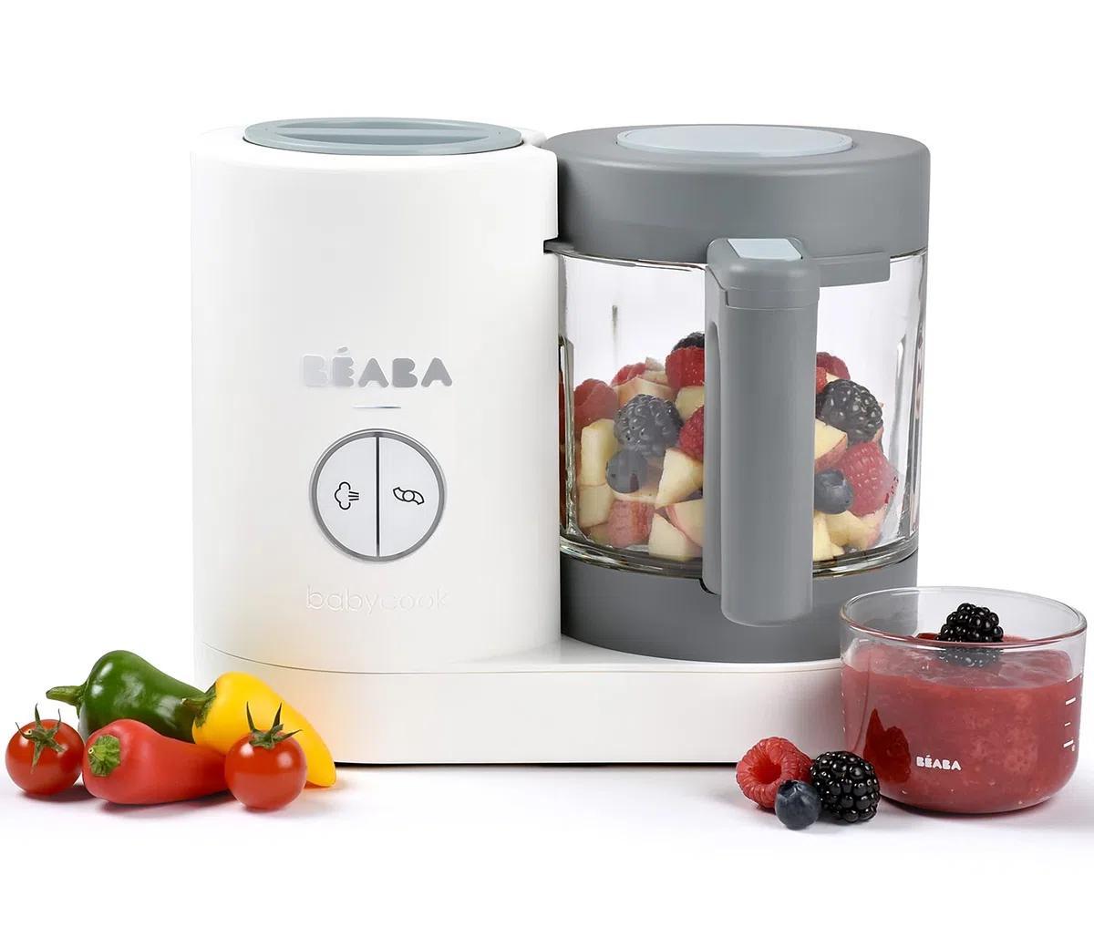 BÉABA Babycook Neo, Robot de cocina infantil, tritura, cocina y cuece al vapor, Rápido en 15 minutos, Recipiente de vidrio y cesta de acero inoxidable, Para Bebés y Niños, Gris/Blanco