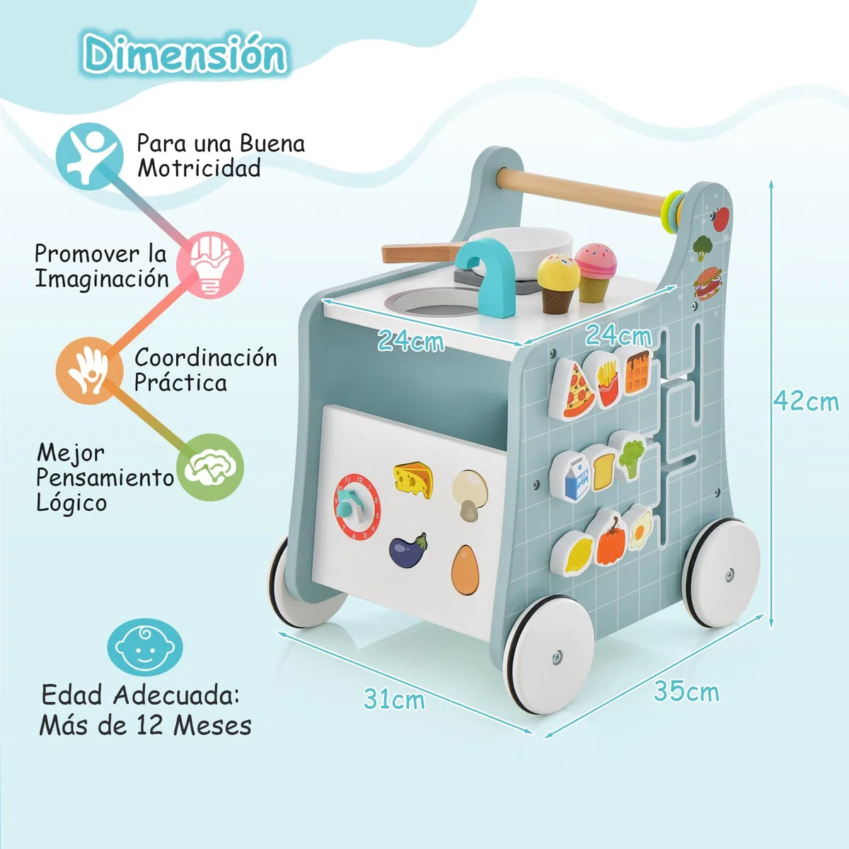 GOPLUS Centro de Actividades de Cocina de Madera 6 en 1, Andador con Cocina para Bebés, Cocina de Juguete, Juego de Empareja, Carriola Ergonómica con Ruedas para Bebés de 12+ Meses (Azul)