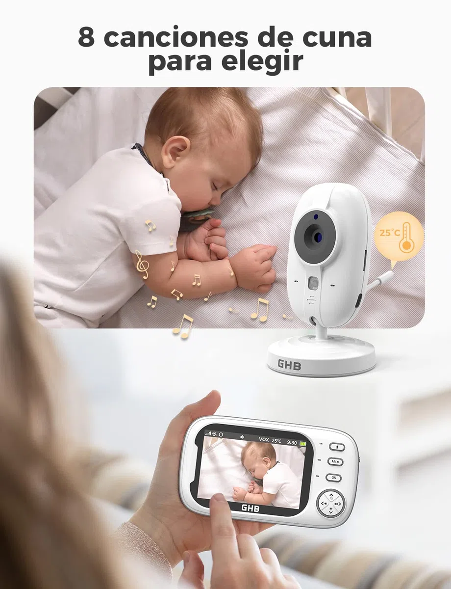 GHB Camara Vigilancia Bebe Vigilabebes con Camara con Pantalla de IPS 3.5" 720P, Batería de 2000mAh Visión Nocturna Comunicación Bidireccional VOX Escucha Bebes