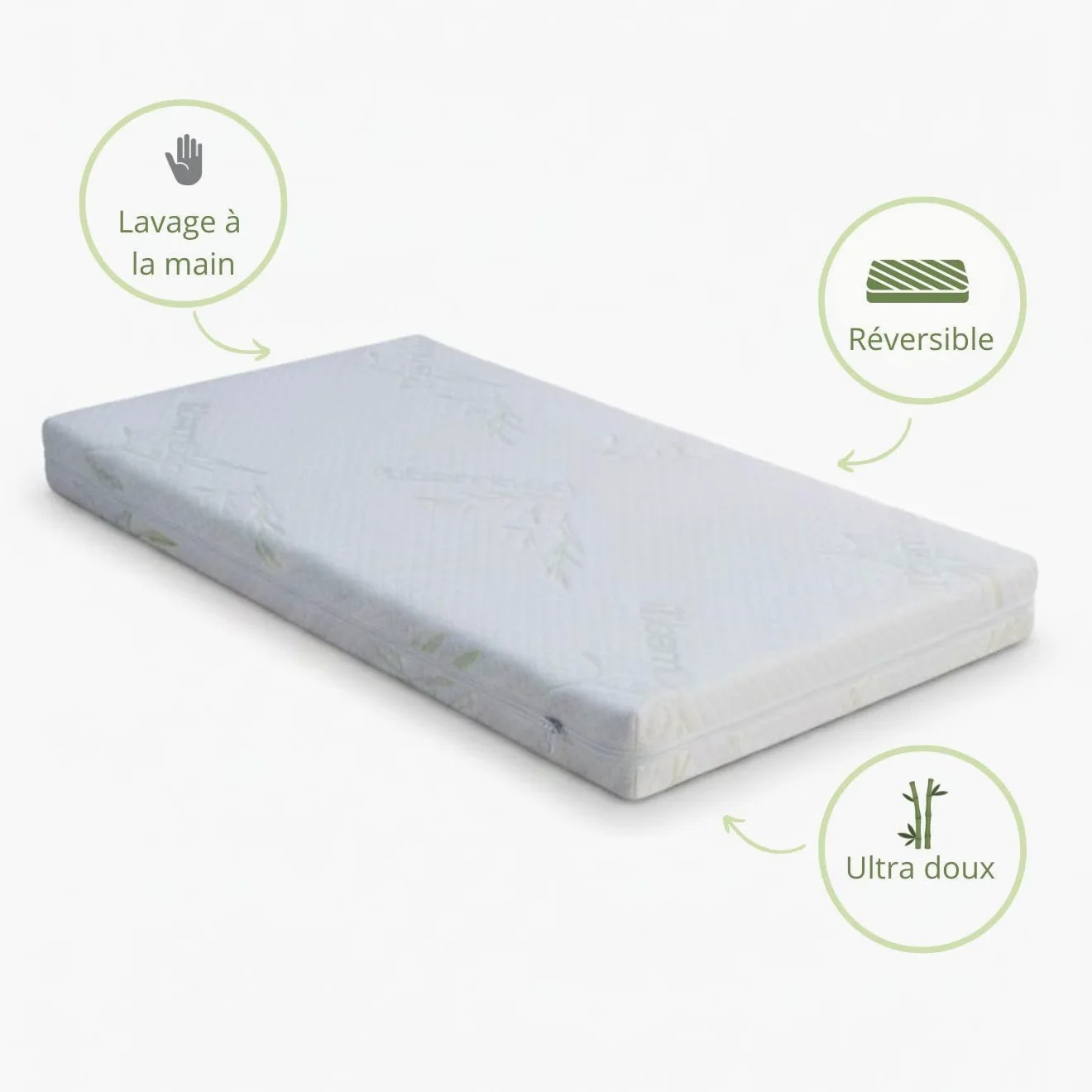 Easy Dort El | Colchón de bebé de 50 x 100 cm – cuna – cuna – funda de bambú | verano e invierno | doble cara | cómodo | fabricado en Francia | blanco |