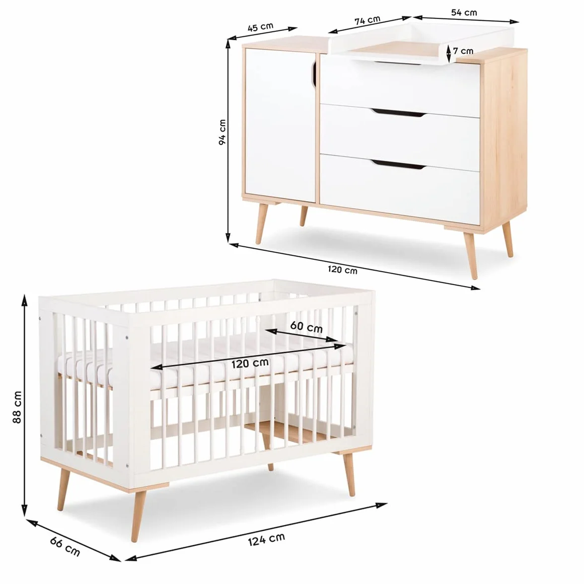 Mi Mobiliario Diseño Sofie Conjunto Cambiador y Cuna Estilo escandinavo 120X60 Blanco