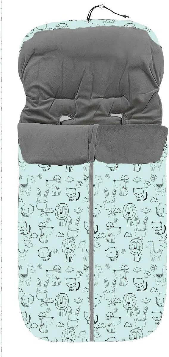 Saco Silla de Paseo Universal Saco Polar de Invierno, Desmontable con cremallera, Cabezal ajustable, transpirable e Impermeable Saco de Abrigo para bebé(Animales verde)