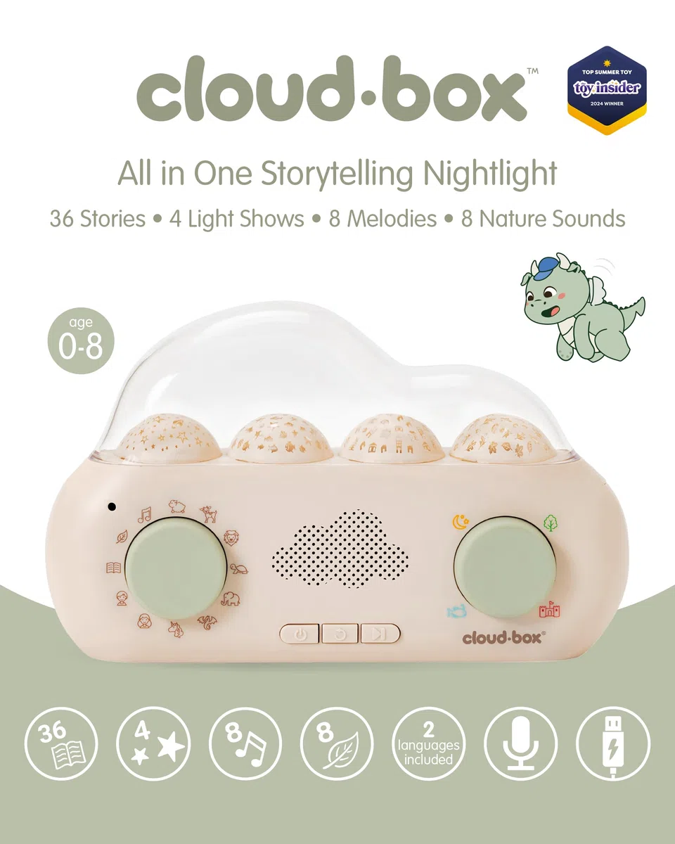 Cloud B CloudBox - Mi Primera Caja de sueños | Proyector Luz Nocturna y Cuentacuentos | 36 Cuentos Originales, 8 Melodías y 8 Ruidos Blancos | Recargable con Configuración Ajustable | Español/Inglés