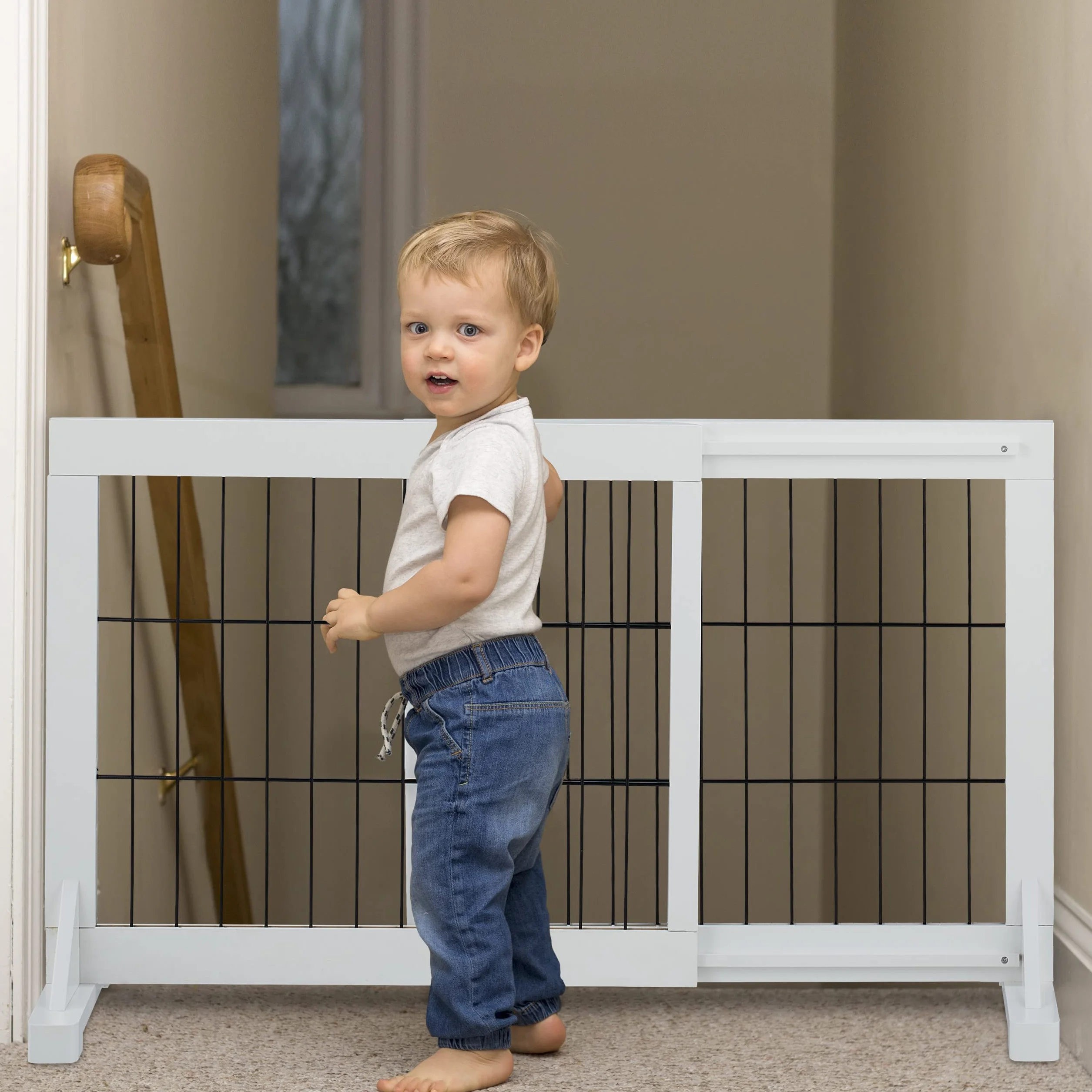 Relaxdays Barrera Seguridad Niños y Perros, Valla Protectora Puerta o Escalera, sin Taladrar, 56 x 70-115cm, Blanca
