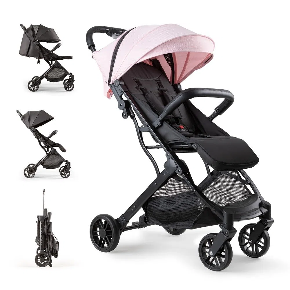 Interbaby Silla de Paseo Ligera y Compacta, Carrito Bebé Plegado Automático, hasta 22 kg, desde Nacimiento, Reclinable, Capota XXL, Suspensión, Cochecito Bebé Viaje Cabina (MIN SPACE PLUS Rosa)