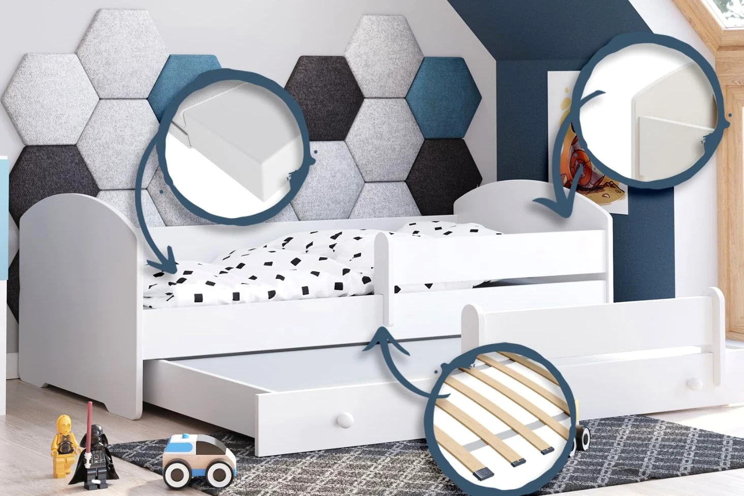 KOBI Cama Niño LUK Blanco 180x80 | Una cama para una habitación infantil y adolescente | Cajón, barrera de seguridad y colchón Incluido |