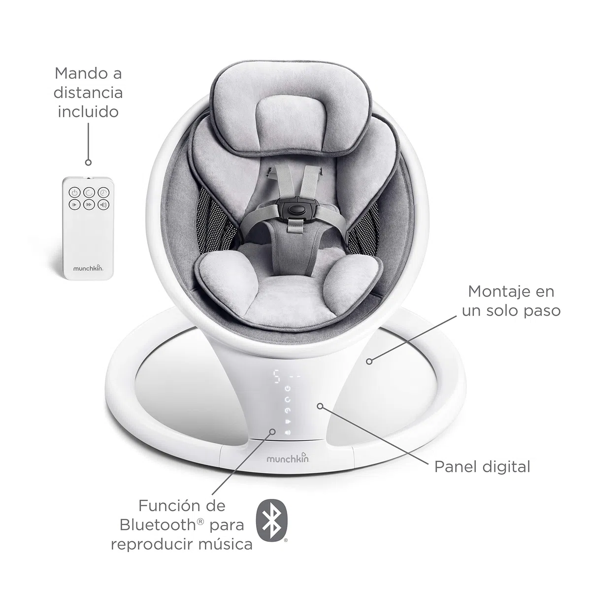 Munchkin Hamaca Eléctrica, Mecedora de Bebé y Recién Nacido con Bluetooth, Silla Portátil, con Movimiento y Sonidos, Gris/Blanco
