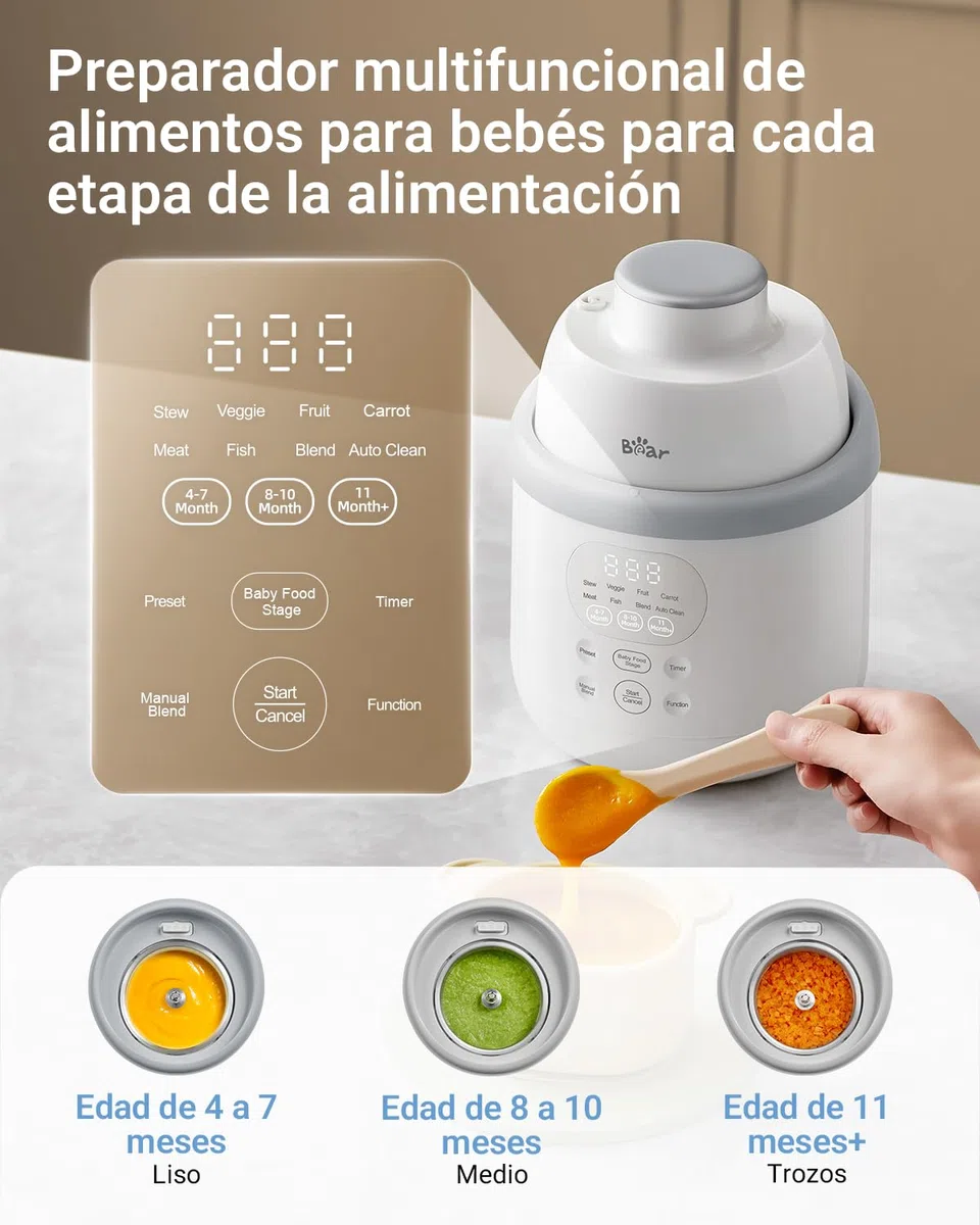 Bear Robot de Cocina para Bebé NutriEase AllStage Acero Inoxidable, Procesador de Alimentos para Bebé OneStep, Cocción y Molienda Automática para Comida Casera Saludable, Sin BPA