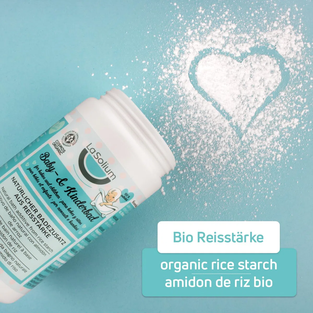 Bio Polvo de almidón de arroz – baño para bebés 100% natural – calma la piel sensible de niños y bebés - sin perfume y dermotológicamente testado