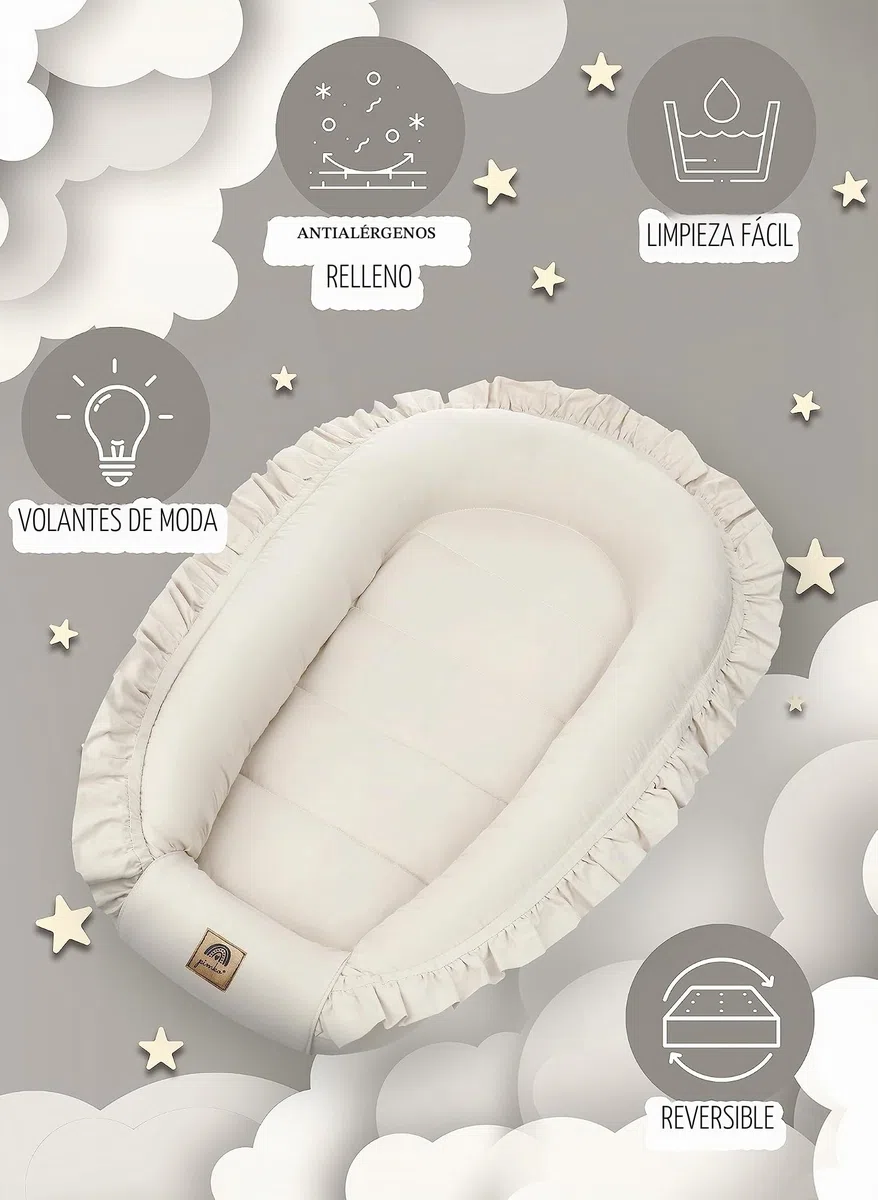 PIMKO Nido de bebé con volantes para bebé, capullo para bebés y recién nacidos, 100% algodón, adecuado para el hogar, 55 x 90 cm (beige con solapa)
