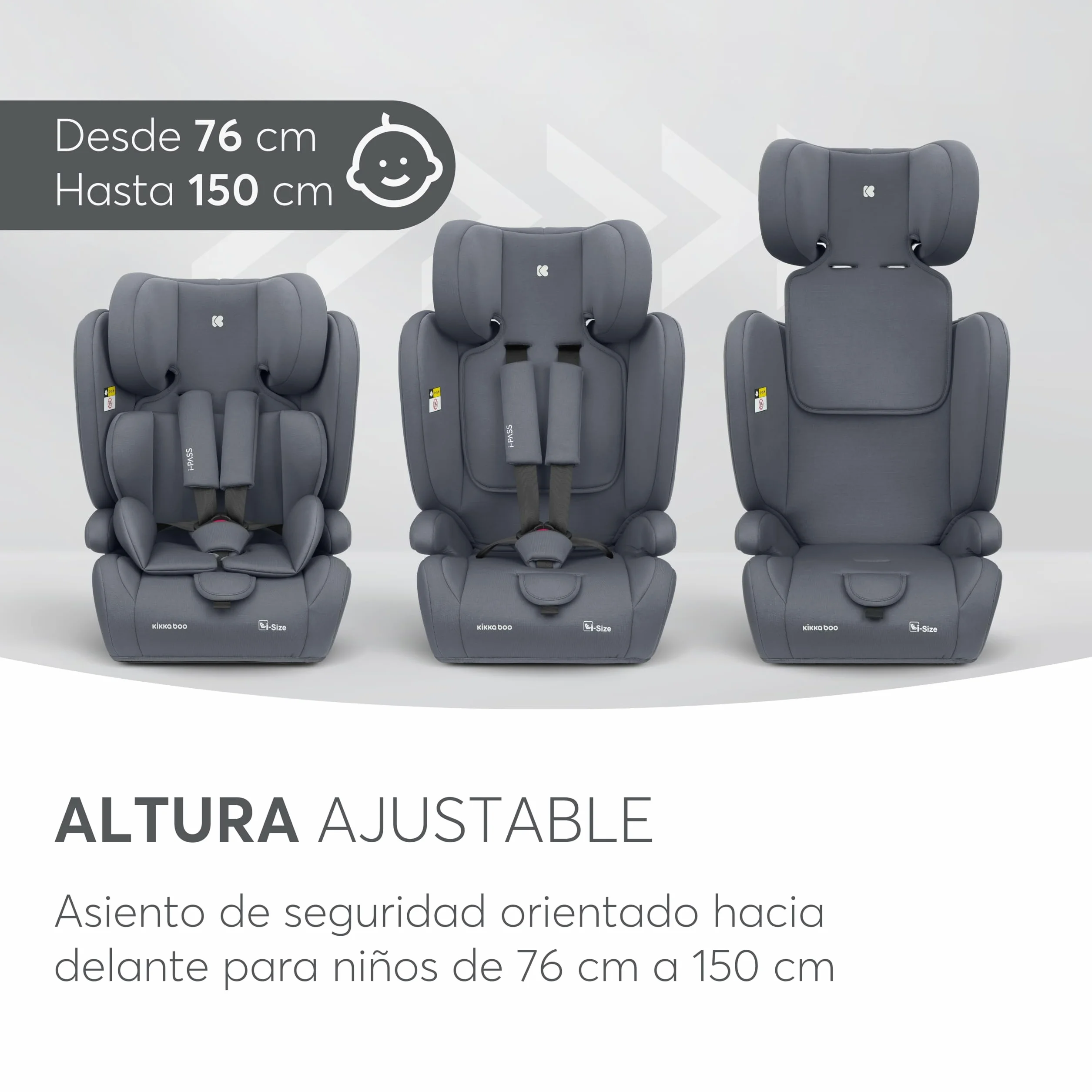 KikkaBoo Silla de Coche Grupo 1 2 3 i-PASS 9-36 kg 76-150cm Reposacabezas 13 Posiciones Gris