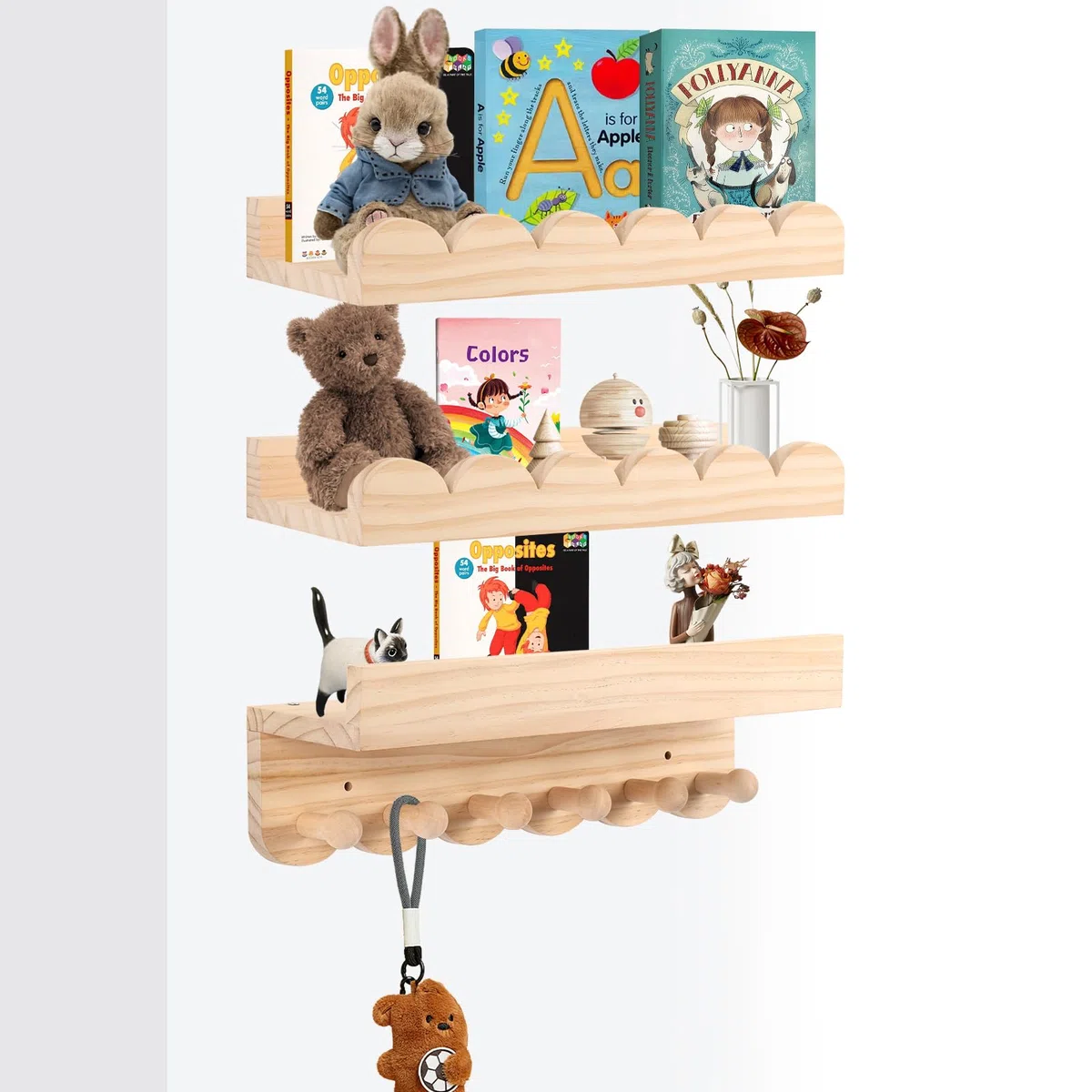 Rainmae Estantería para niños, juego de 3 unidades, 40 cm, para habitación infantil, con ganchos de madera, ideal para libros y juguetes, 100% madera