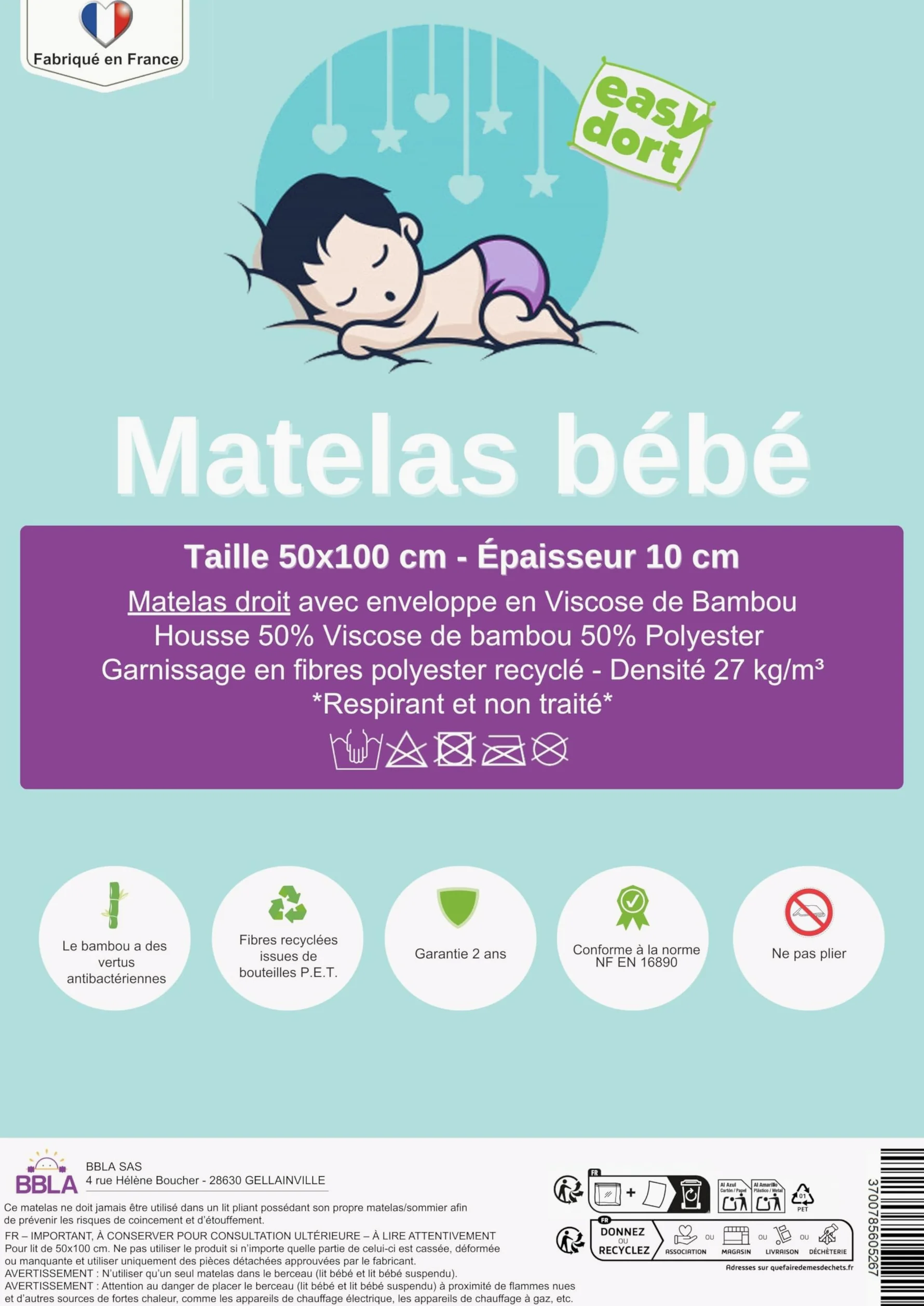 Easy Dort El | Colchón de bebé de 50 x 100 cm – cuna – cuna – funda de bambú | verano e invierno | doble cara | cómodo | fabricado en Francia | blanco |