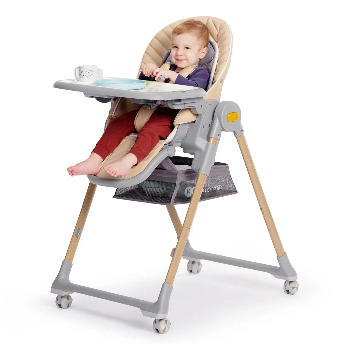 Kinderkraft LASTREE Trona Bebé de madera evolutiva plegable, Hamaca para bebés con Arco 2 juguetes, Asiento reposapiés ajustable, Posición tumbada, Rosa