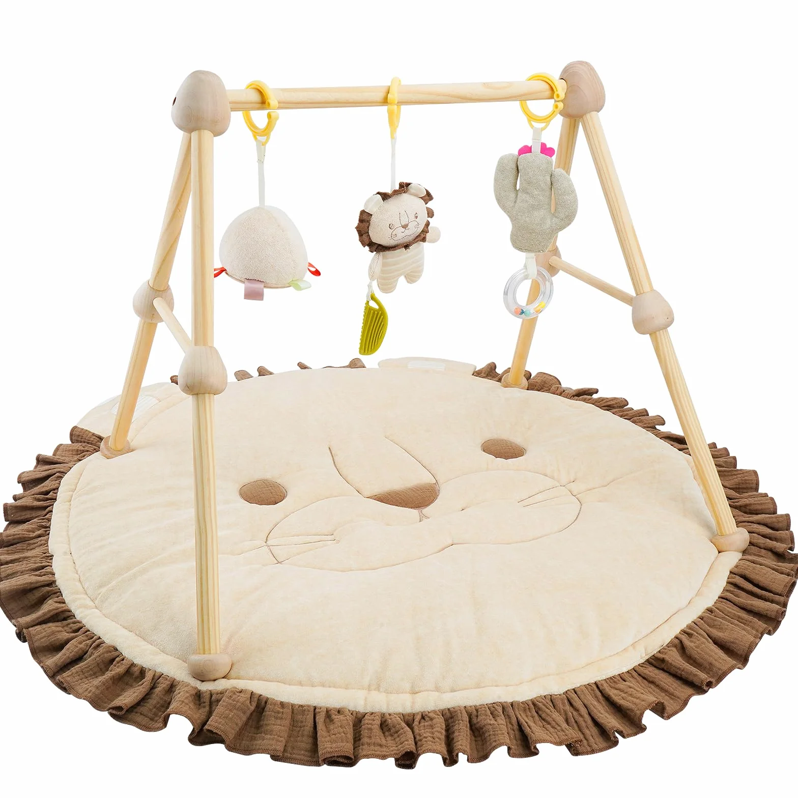 4 IN 1 Gimnasio para Bebé, Alfombra de Juegos con Madera Natural, 3 Juguetes Desmontables para Agarrar, Montessori para 0-3-6-12-36 Meses, León Marrón