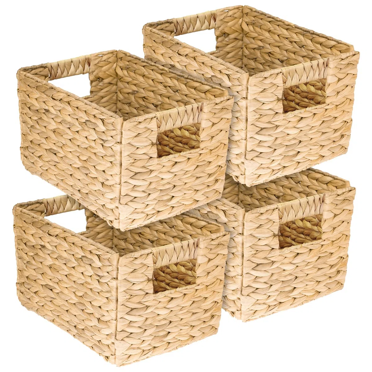 HMF Cesta de almacenaje trenzada organizadora de jacinto de agua, cesta decorativa con asas para baño, cocina, salón y estantería | Juego de 4 | Tamaño M | 32 x 23 x 20 cm | Natural