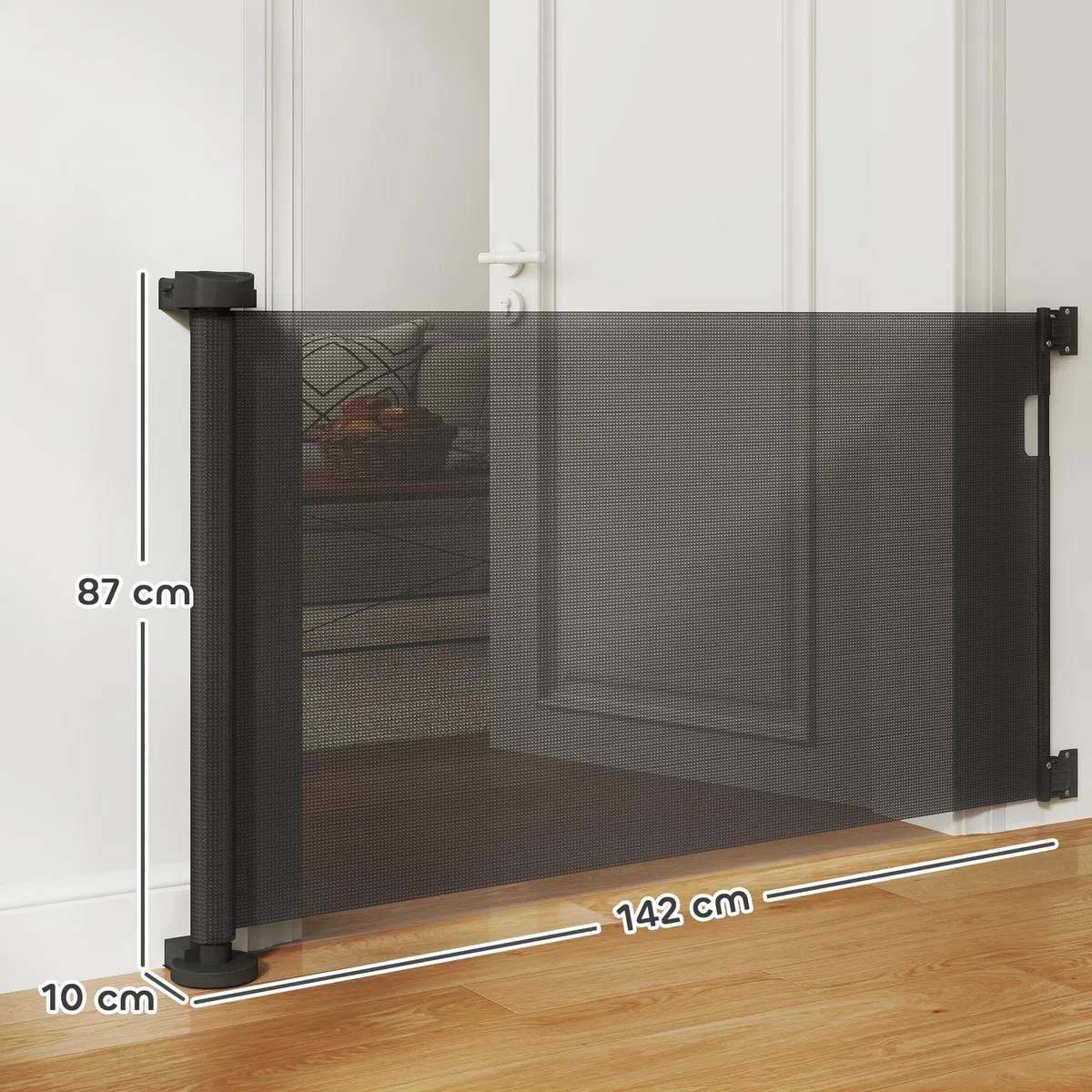 PawHut Barrera de Seguridad para Perros Retráctil 0-136 cm Puerta para Perros Pequeños Extensible con Interruptor de Cierre Red de Seguridad para Pasillos Escaleras Interiores y Exteriores Negro
