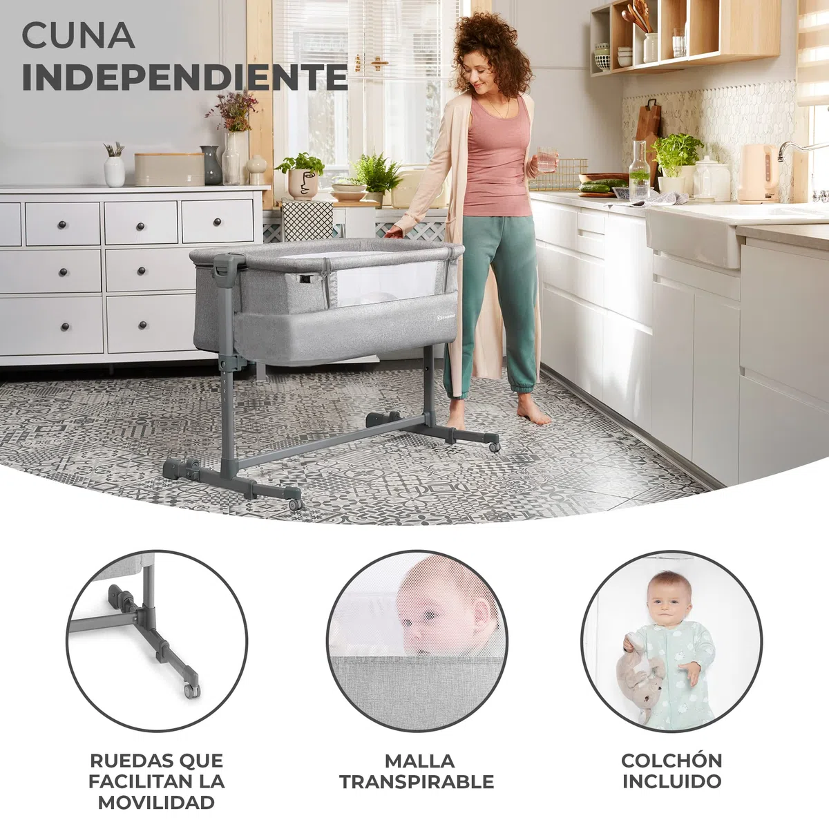 kk Kinderkraft Cuna Colecho 2 en 1 NESTE UP, Ajustable, Plegable, Accesorios, Gris