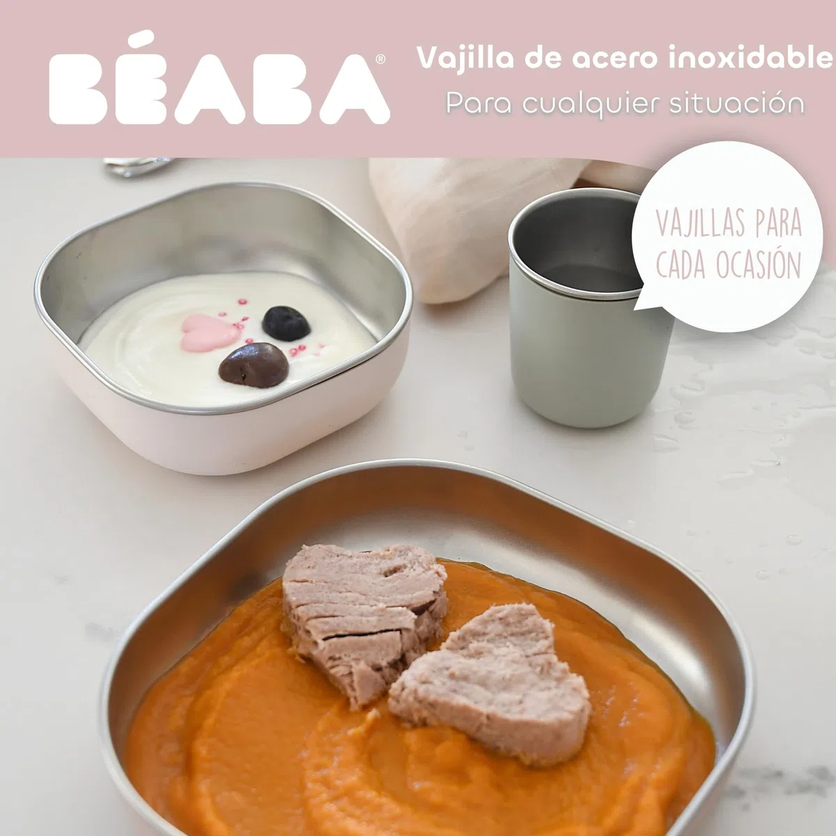 BÉABA, Set de Comida Bebé/Niño Inox, 3 Piezas, Cristal + 2 Platos, Compatible Microondas/Lavavajillas, Saludable/Resistente, Ligero, Irrompible, Antideslizante con Funda de Silicona, Algodón de Azúcar