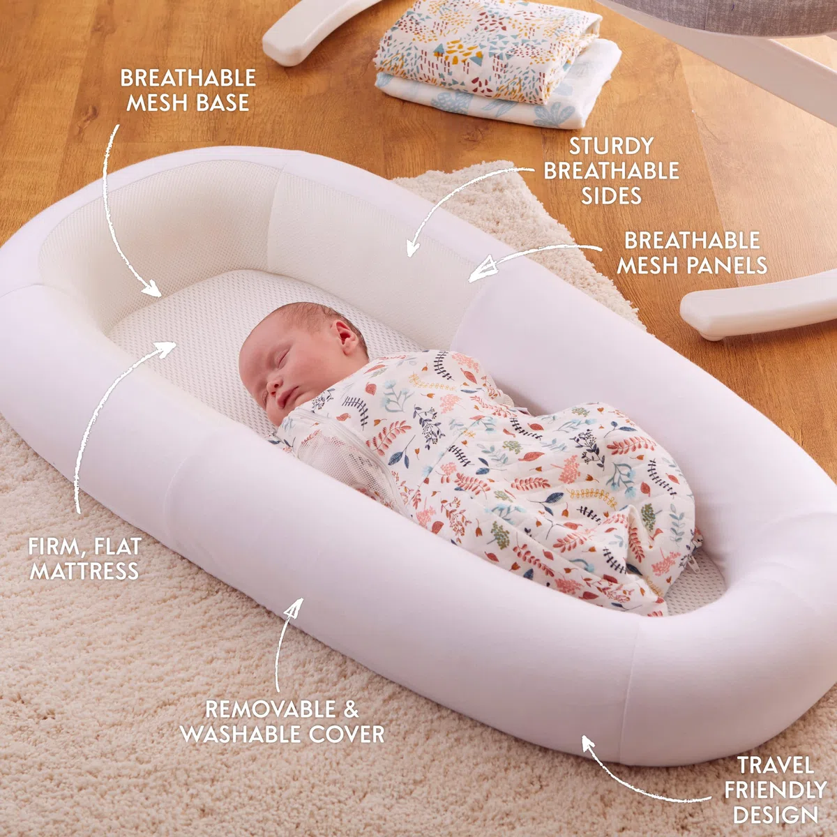 PurFlo Cama de bebé segura para dormir, alternativa al nido de bebé transpirable, artículos esenciales 0-8 m, color blanco
