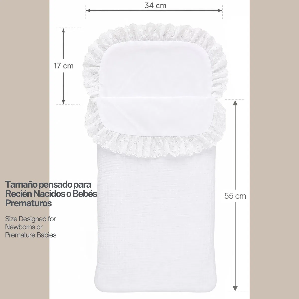 Thermikoa Saco Arrullo Bebé Recién Nacido 72x34 cm – Saco Capazo Universal (Blanco Muselina) - Tamaño Pequeño