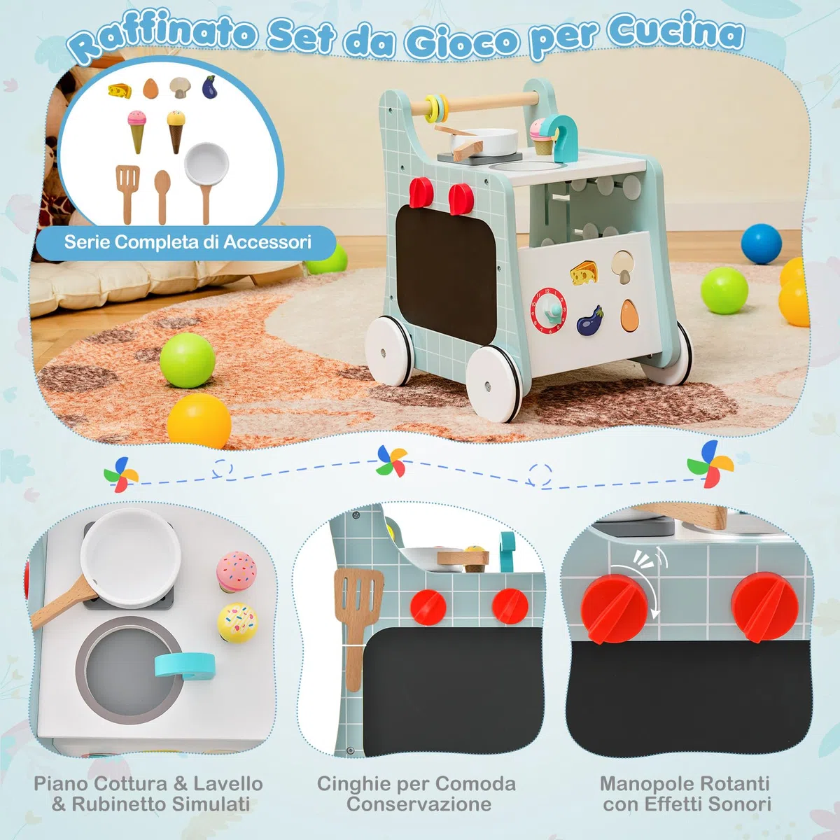 RELAX4LIFE Andador de Madera para Bebés con Accesorios y Ruedas, Carrito de Helados de Juguete Multifuncional, Juguete Montessori, Centro de Actividades para Niños 1+ Año (Azul)