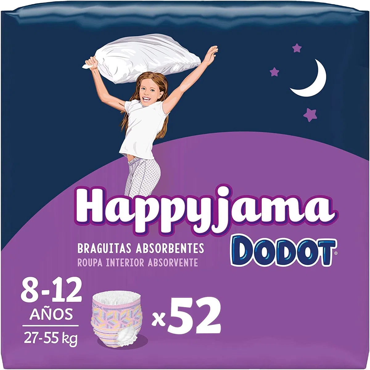 Dodot Pañales HappyJama para Niña 8 -12 Años (27-55 kg), 52 Unidades, Pañal con Protección Anti-Fugas Durante la Noche