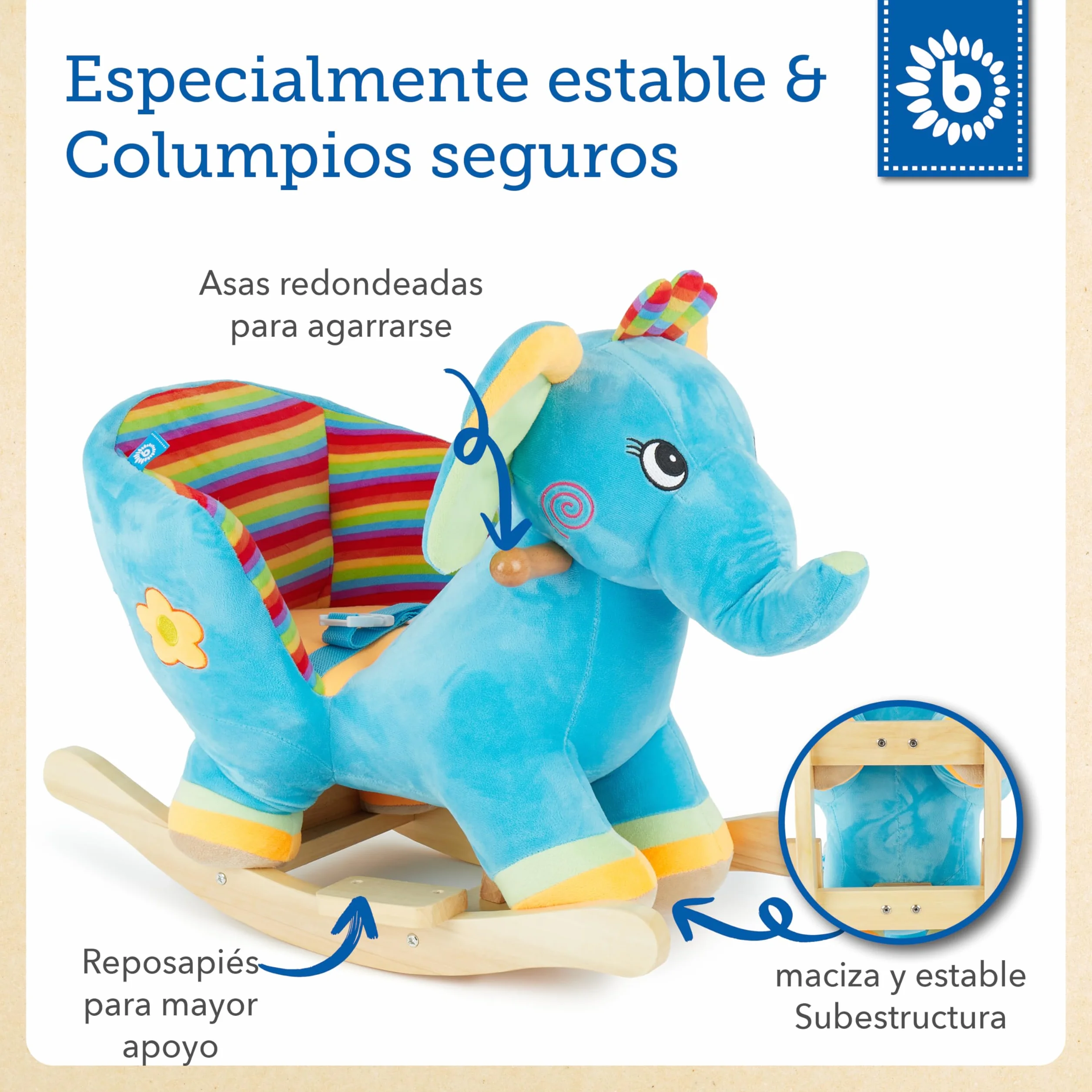 BIECO Peluche Animal Mecedora Elefante con cinturón Seguridad para bebé 9 Meses