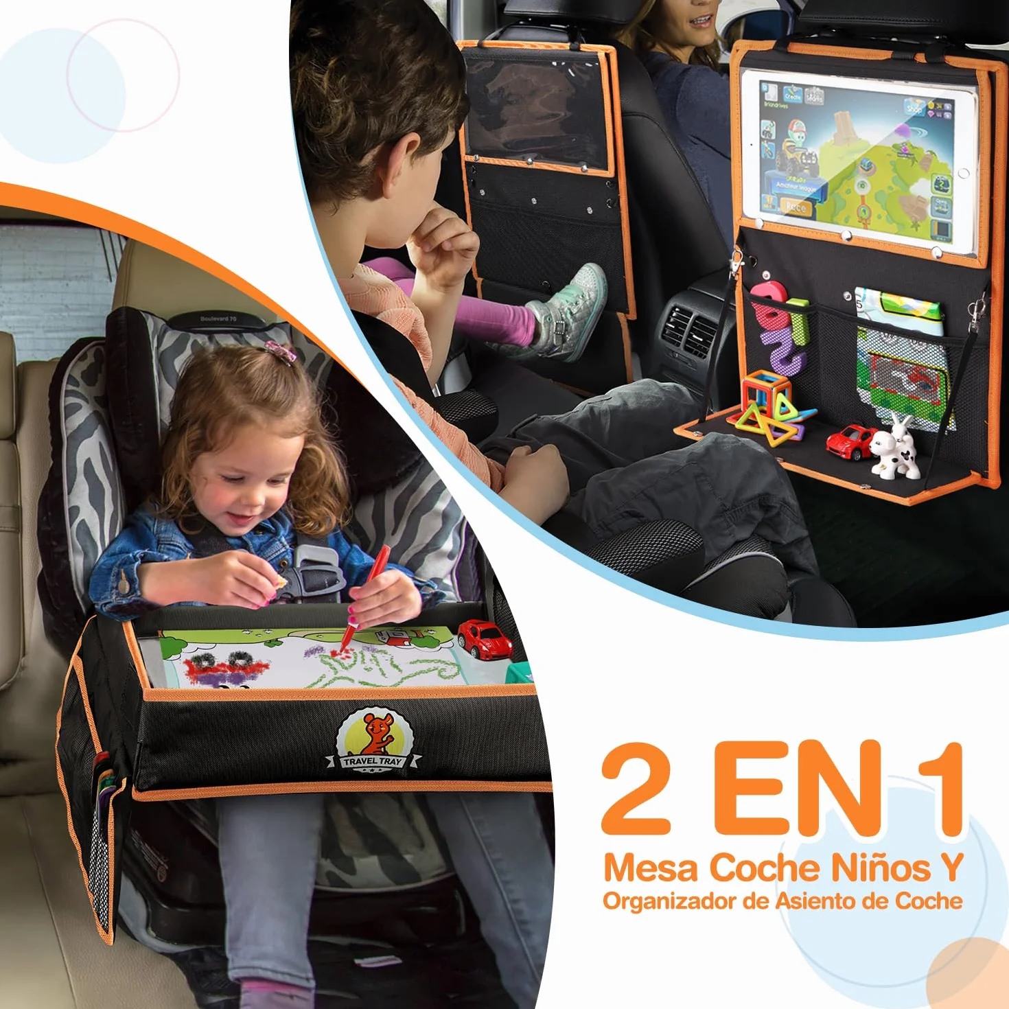 lenbest Mesa de viaje para niños de doble función, bandeja para las rodillas (protección del respaldo del coche) con película transparente, 5 placas de dibujo y 6 lápices de colores, negro/naranja