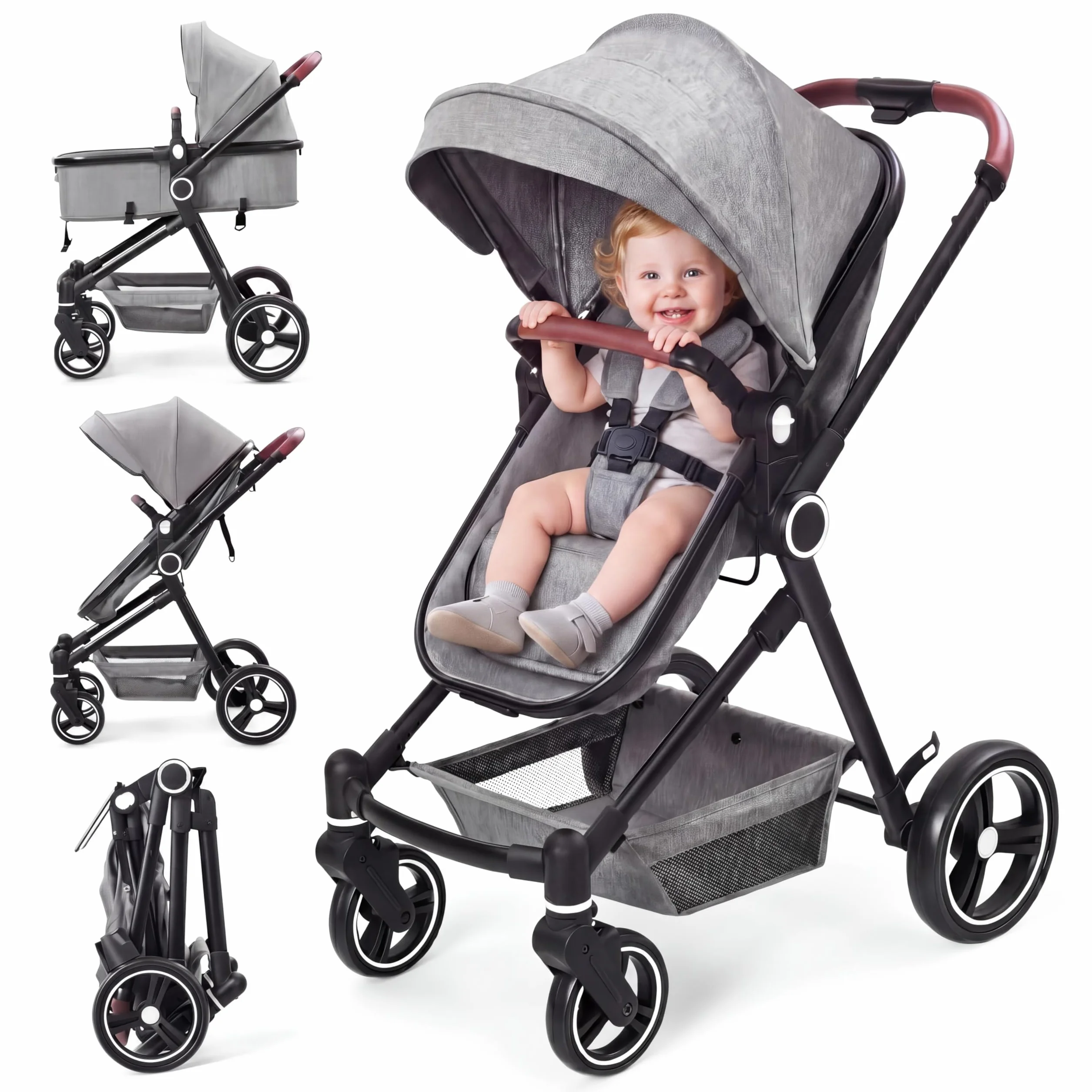 Cochecito 2 en 1, compacto y ligero, plegable, con asiento reclinable, capazo ajustable, para todo tipo de terrenos, 0-3 años (Gris)
