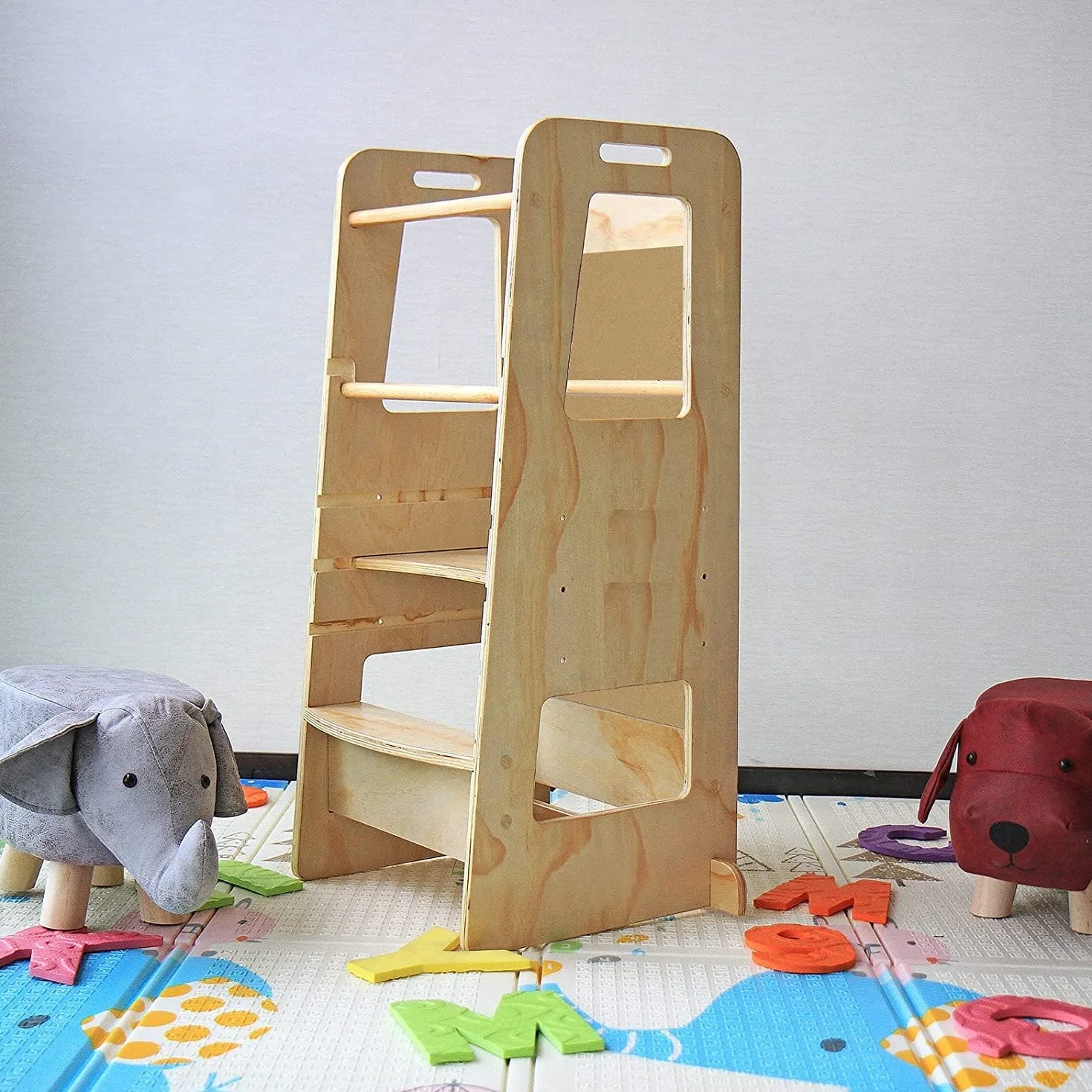 Torre de Aprendizaje Montessori de Madera Natural con Altura Regulable para Bebé (Camel)