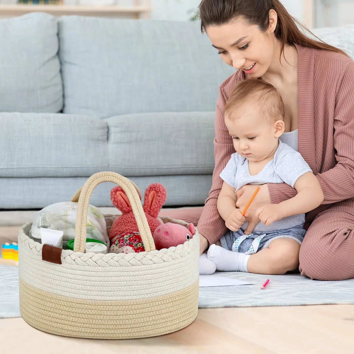 Cesta Cambiador Bebé Portátil, Canasta Mueble Recién Nacido, Cambiador de Mesa Impermeable Pañales, Funda Extraíble Suave con Cremallera, Nido Plegable de Viaje 100% Algodón Natural (Beige)