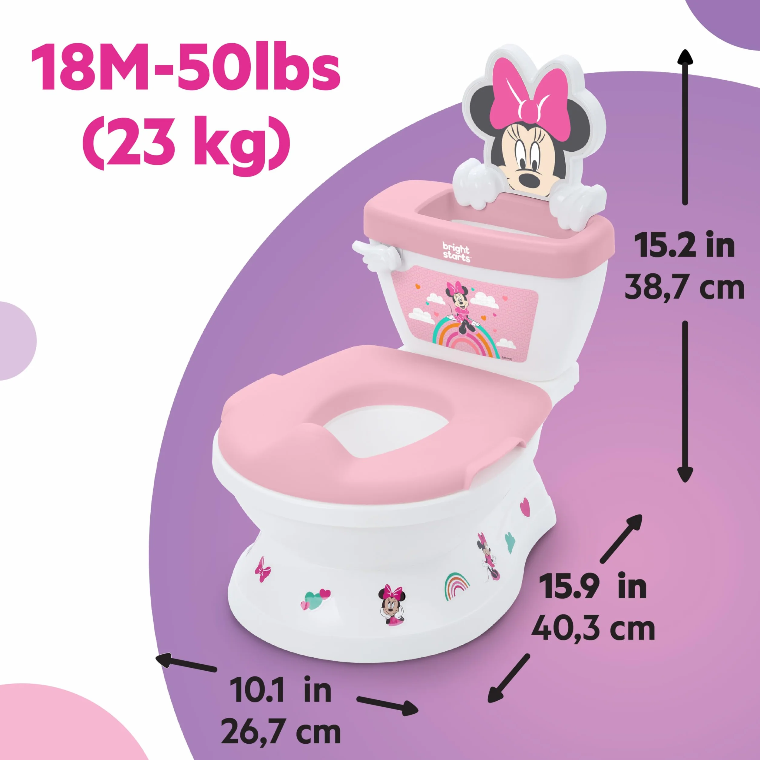 Bright Starts, Disney Baby Orinal 2 en 1 Minnie Mouse, con Sonidos de Descarga y Aplausos, desde 18 Meses, hasta 23 kg, Rosa