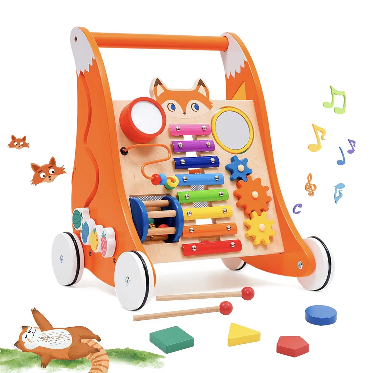 Andador de madera para niños pequeños, multifuncional con tablero de juegos y música, Andador divertido para bebés, con centro de actividades de juguete de madera