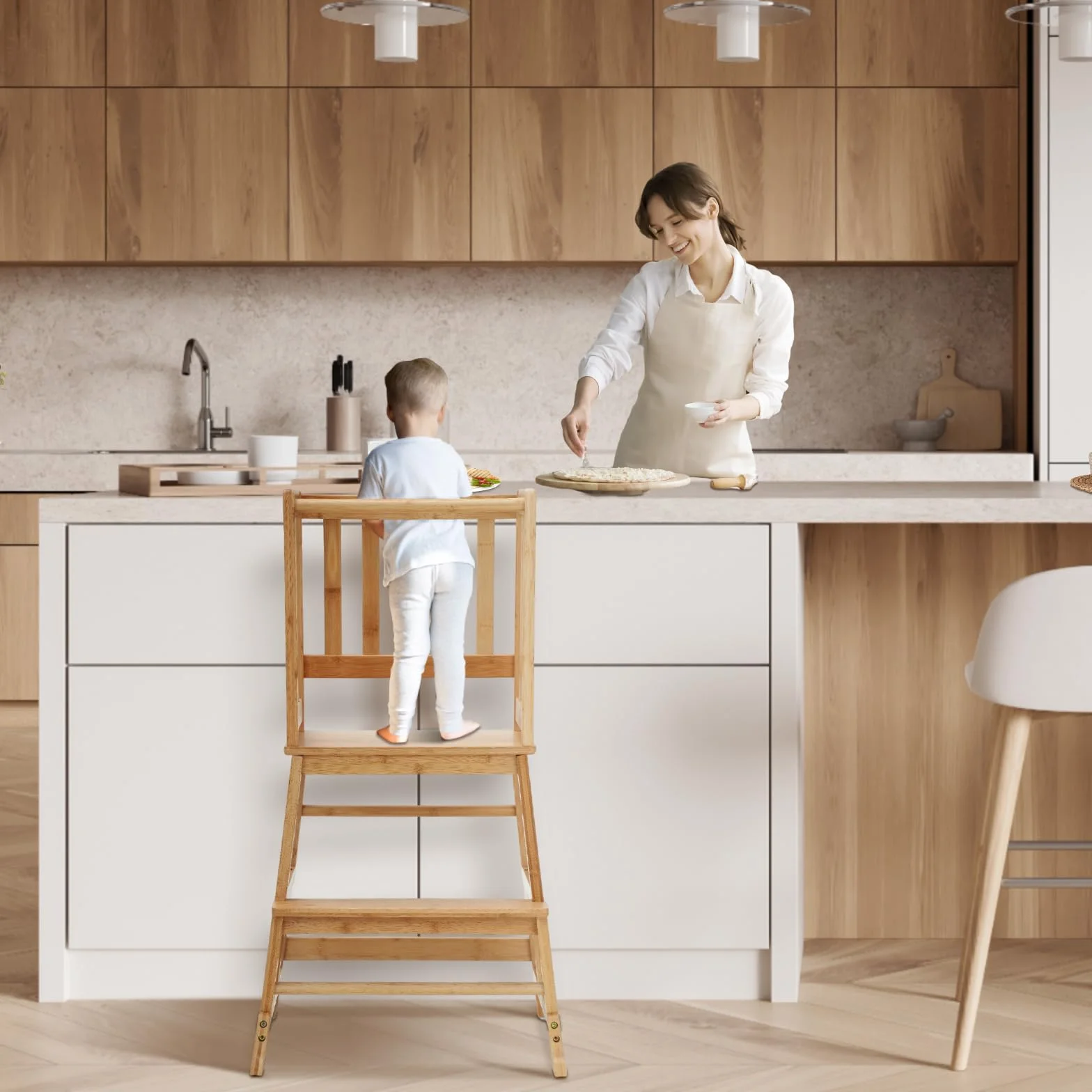 COSYLAND Torre de Aprendizaje Desde 18 Meses - Torre Aprendizaje para Niños - Protección Antivuelco y Barra de Seguridad - para Baño, Habitación Infantil y Cocina - Color Bambú