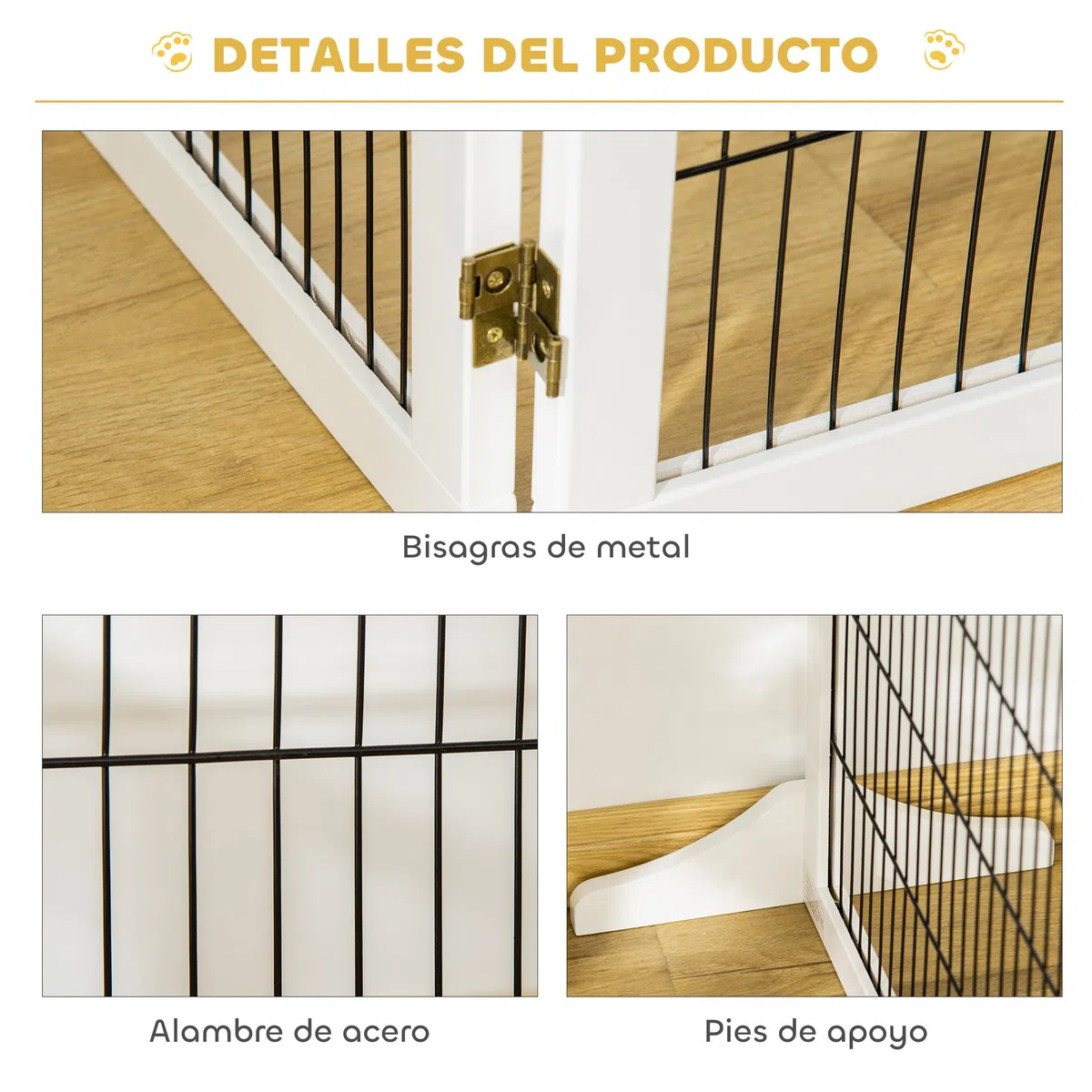 PawHut Barrera de Seguridad para Perros de Madera Plegable, para Escaleras y Puertas, Valla para Perros Pequeños y Medianos de 6 Paneles, con Soporte de Pie, para Interiores, 432x36x70 cm, Blanco