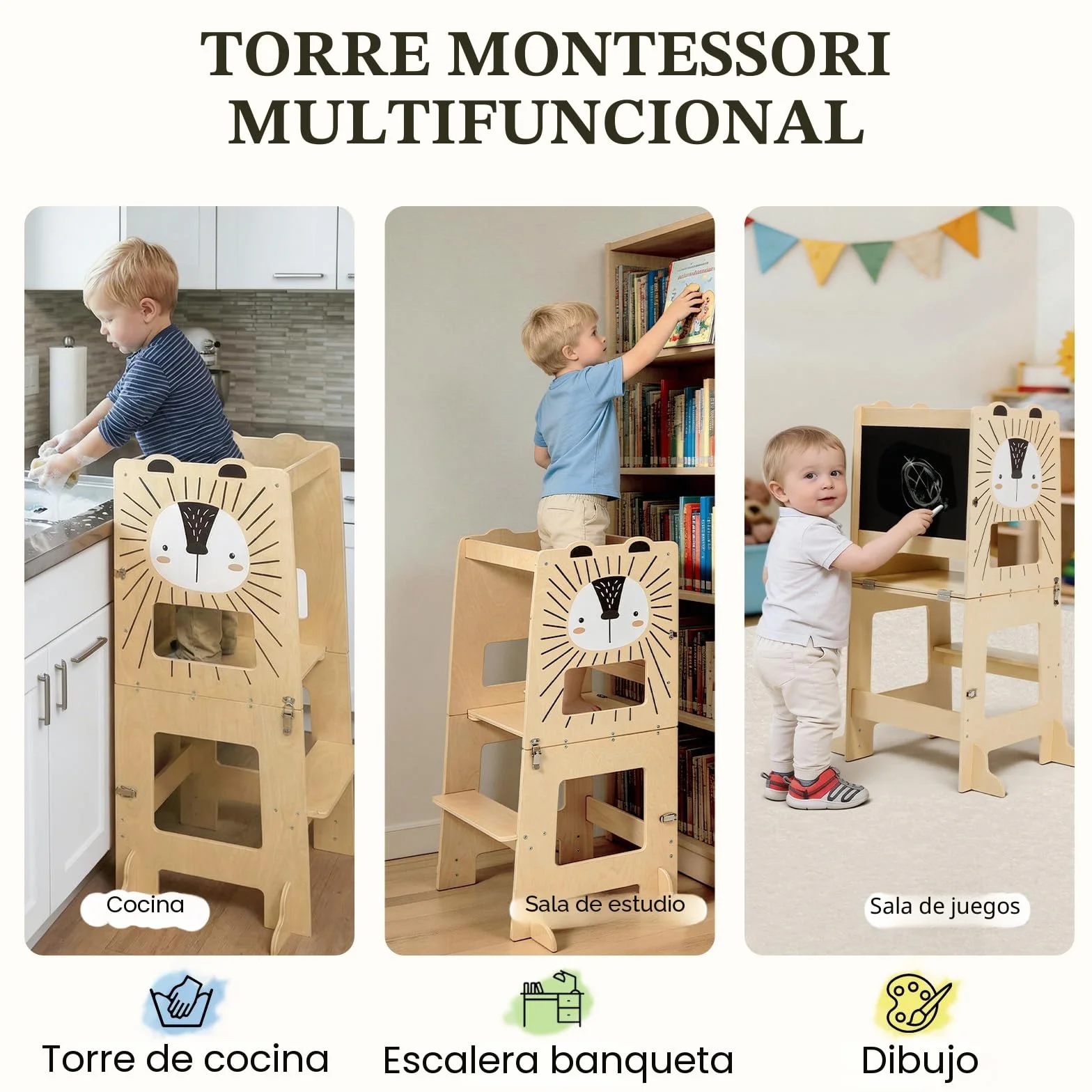 Labebe Torre de aprendizaje plegable Montessori 3 en 1 para niños a partir de 1 año