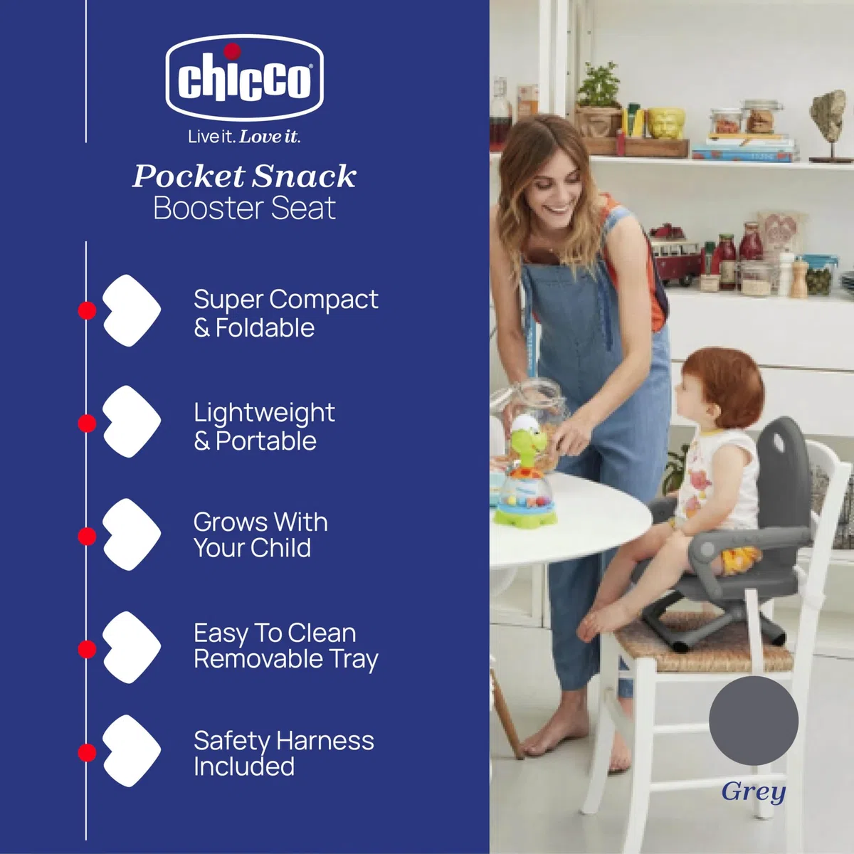 Chicco Pocket Snack Alzador de Silla para Niños para Comer, Apto de 6 Meses hasta 3 Años (15 kg), Trona de Viaje Portátil y Ajustable para Bebés, Compacta y con Bandeja Desmontable - Gris (Dark Grey)