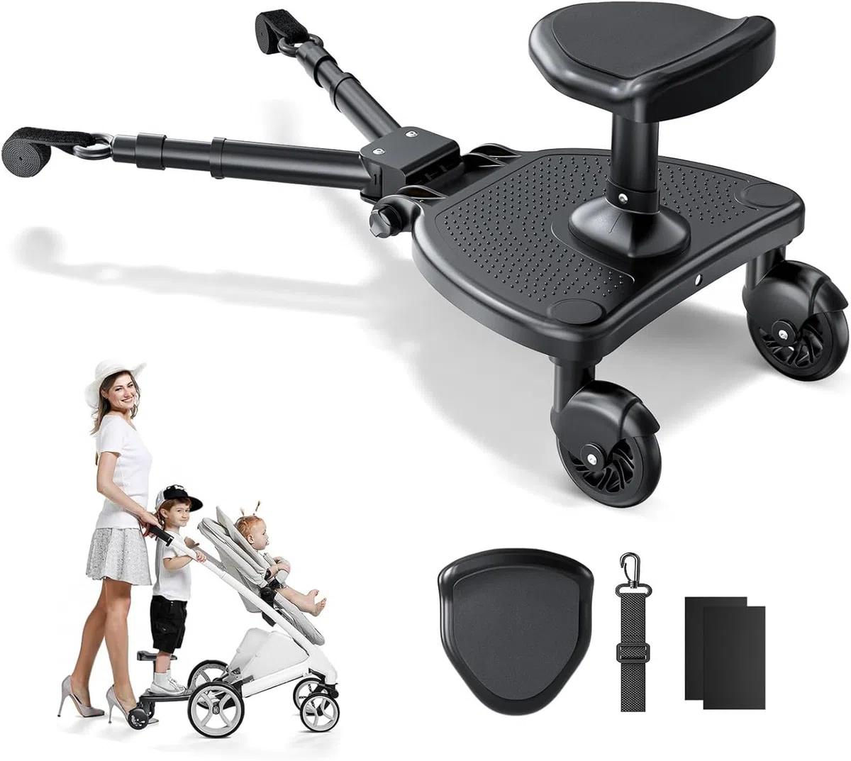 Monopatín universal con asiento grande, tablas con ruedas compatible con el 99% de cochecitos, monopatín universal, 2 en 1 caminata, cochecito para niños de 2 a 6 años (25 kg)